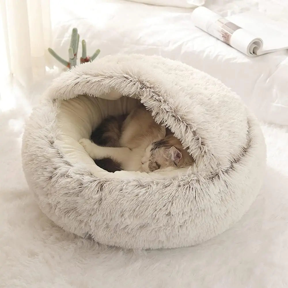 Soft Plush Pet Bed with Round Cover for Cats and Small Dogs