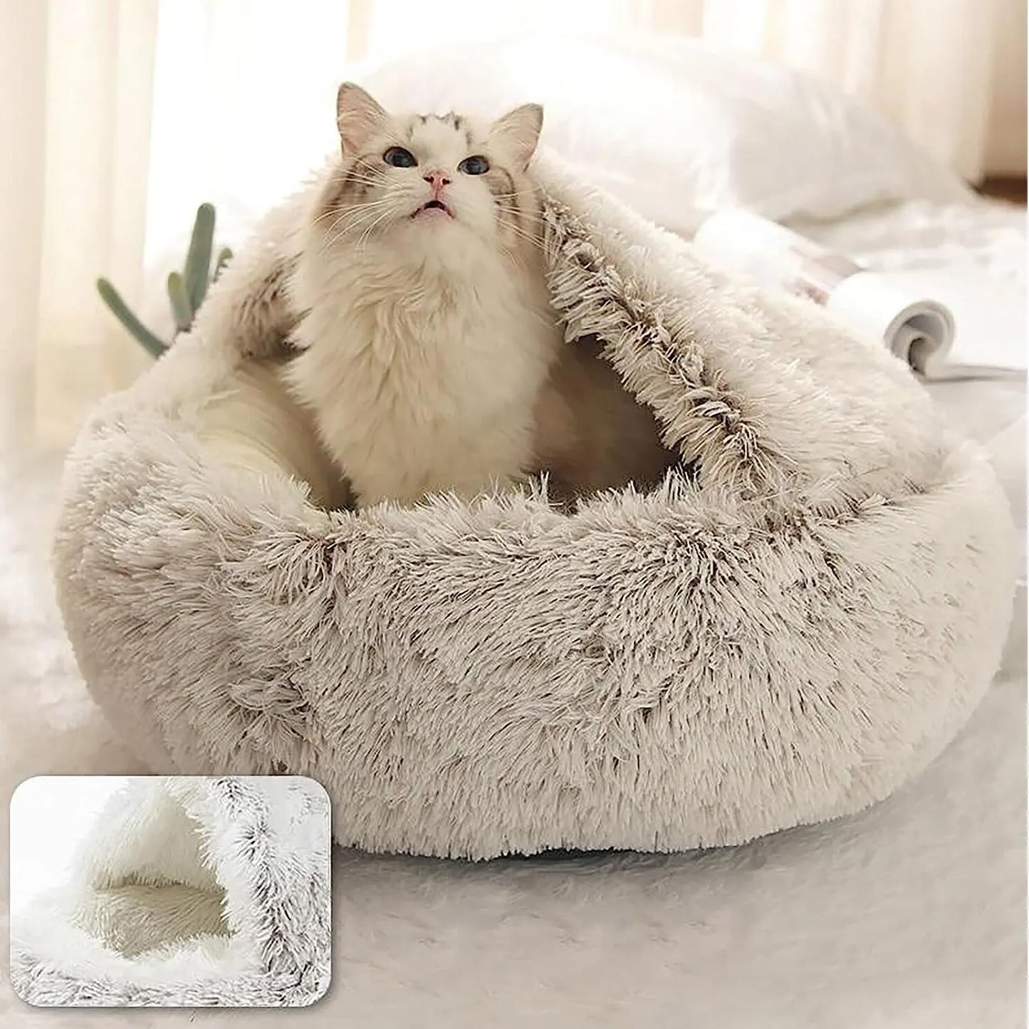 Soft Plush Pet Bed with Round Cover for Cats and Small Dogs